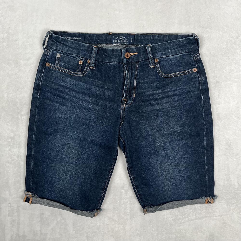 Lucky Brand Bermuda Shorts Womens 10 30 Blue Denim Boardwalk Cuffed Frayed